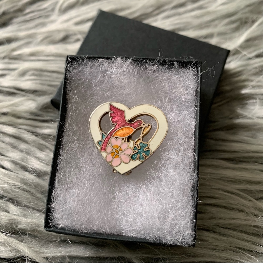 Vintage Hummingbird Heart Brooch